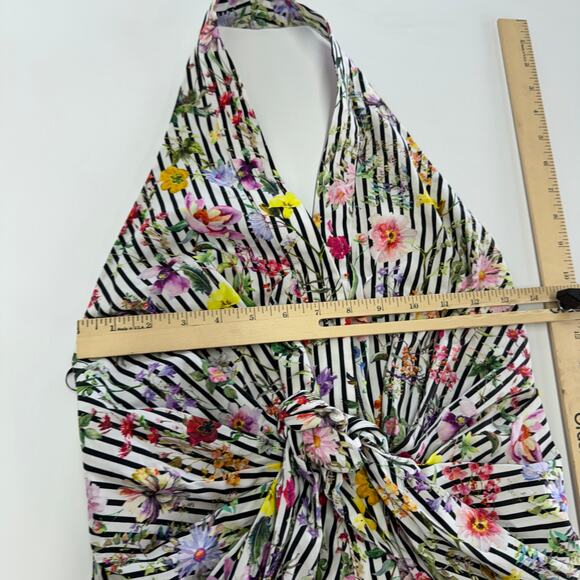 Zara Top Womens X Small Black White Stripe Floral Halter Knotted Open Back - Picture 6 of 8